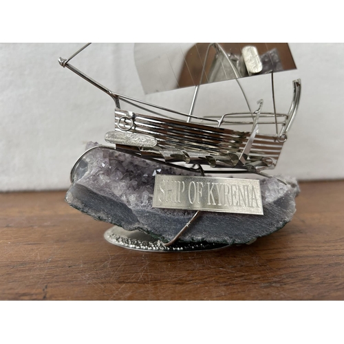 35 - Silver Model of Kyrenia Sailing Ship on Amethyst Base