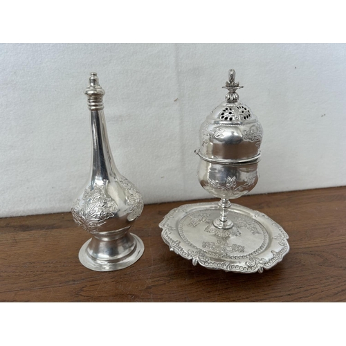 50 - Antique 19th Century Cypriot Silver Wedding Set (395gr) Incense Burner (Kapnistiri) and a Rose Water... 