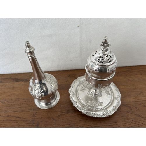 50 - Antique 19th Century Cypriot Silver Wedding Set (395gr) Incense Burner (Kapnistiri) and a Rose Water... 