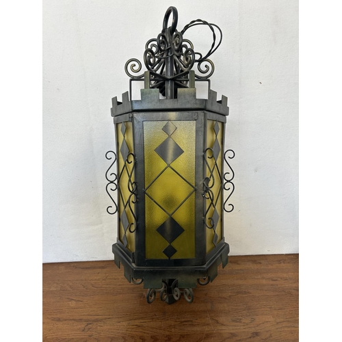 62 - Spanish Revival Gothic Wrought Iron Glass Hanging Light Lamp Lantern ( Circa -1960s )