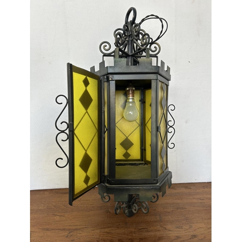 62 - Spanish Revival Gothic Wrought Iron Glass Hanging Light Lamp Lantern ( Circa -1960s )