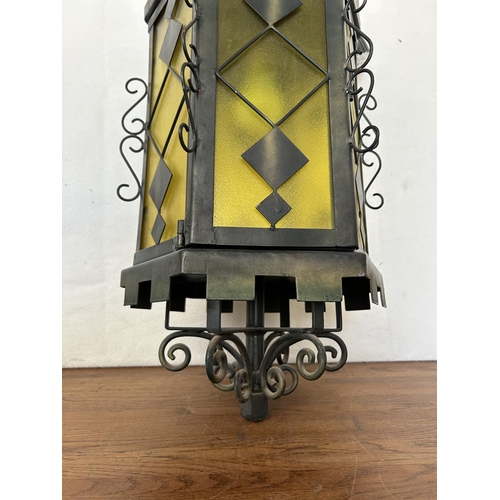 62 - Spanish Revival Gothic Wrought Iron Glass Hanging Light Lamp Lantern ( Circa -1960s )