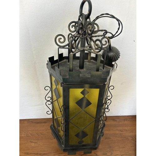 62 - Spanish Revival Gothic Wrought Iron Glass Hanging Light Lamp Lantern ( Circa -1960s )