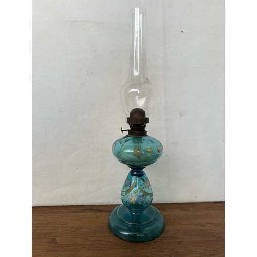 73 - Antique 19th Century Hand Painted Glass Oil Lamp (51cm H.)