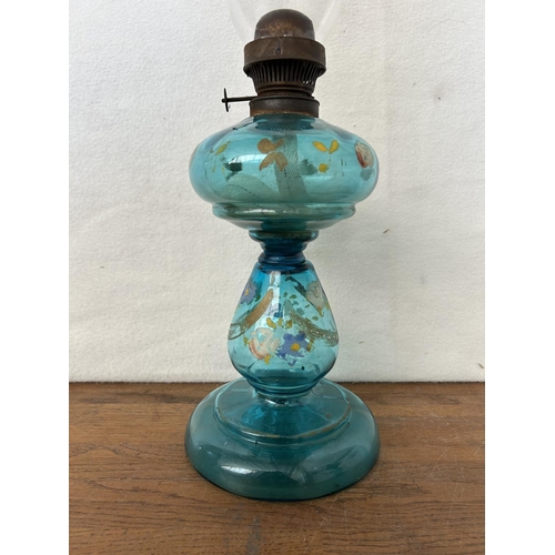 73 - Antique 19th Century Hand Painted Glass Oil Lamp (51cm H.)