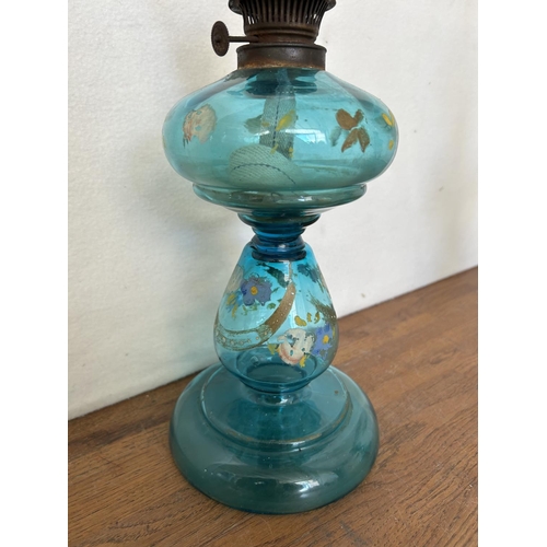 73 - Antique 19th Century Hand Painted Glass Oil Lamp (51cm H.)