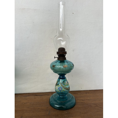 74 - Antique 19th Century Hand Painted Glass Oil Lamp (50cm H.)