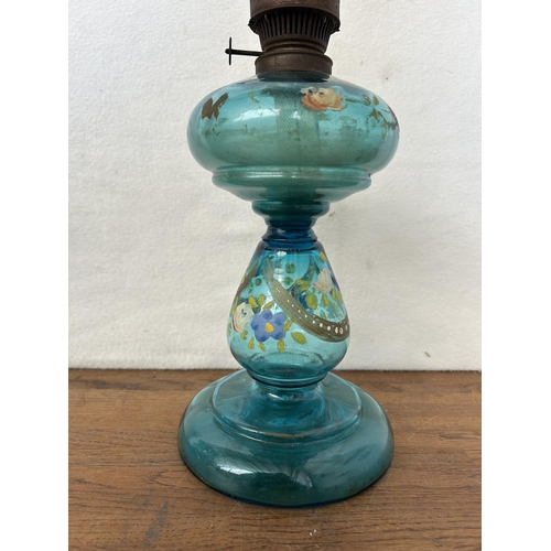 74 - Antique 19th Century Hand Painted Glass Oil Lamp (50cm H.)