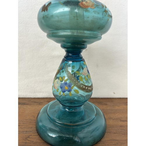 74 - Antique 19th Century Hand Painted Glass Oil Lamp (50cm H.)