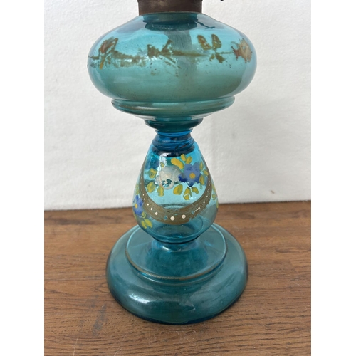 74 - Antique 19th Century Hand Painted Glass Oil Lamp (50cm H.)