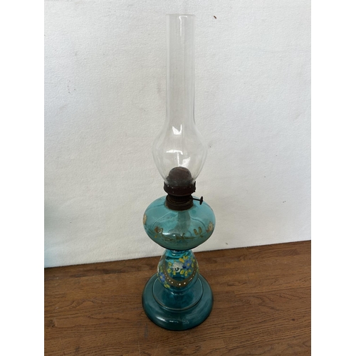 74 - Antique 19th Century Hand Painted Glass Oil Lamp (50cm H.)