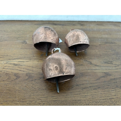 336 - x3 Vintage Copper Sheep Collar Bells