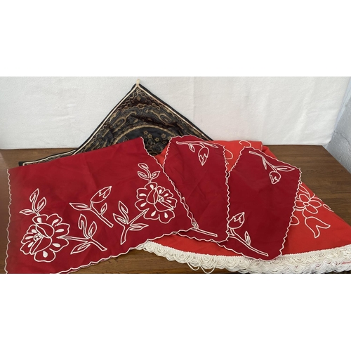 384 - Assorted Red Embroideries and x2 Black Cushion Covers Incl. Red Round Table Cloth