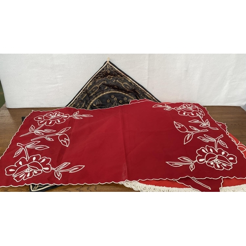 384 - Assorted Red Embroideries and x2 Black Cushion Covers Incl. Red Round Table Cloth