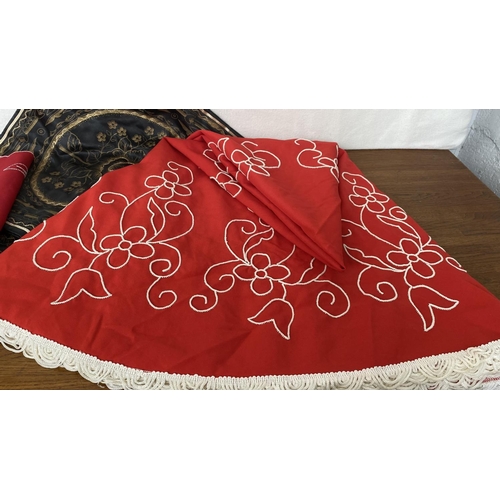 384 - Assorted Red Embroideries and x2 Black Cushion Covers Incl. Red Round Table Cloth