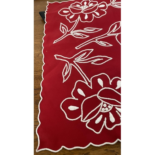 384 - Assorted Red Embroideries and x2 Black Cushion Covers Incl. Red Round Table Cloth