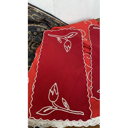 384 - Assorted Red Embroideries and x2 Black Cushion Covers Incl. Red Round Table Cloth