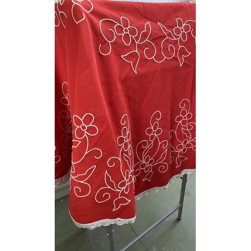 384 - Assorted Red Embroideries and x2 Black Cushion Covers Incl. Red Round Table Cloth