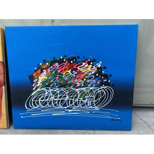 543 - x2 Modern Canvas Elephants and Bicycle Paintings Signed (61 x 52cm/each)