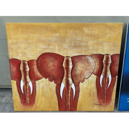 543 - x2 Modern Canvas Elephants and Bicycle Paintings Signed (61 x 52cm/each)