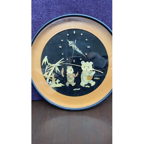 201 - Very Old Oriental 3D Panda Mother of Pearl Animated Wall Clock (Working - 30cm Diameter)