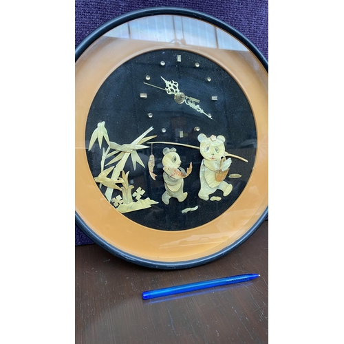 201 - Very Old Oriental 3D Panda Mother of Pearl Animated Wall Clock (Working - 30cm Diameter)