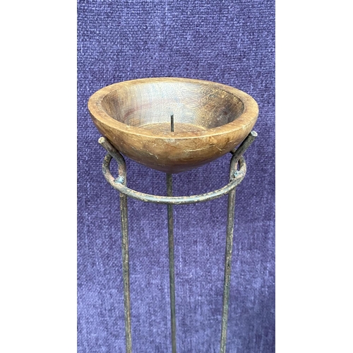 288 - x2 Tall Metal and Wood Candle Holders (61cm H.) and Another on Copper Base (35cm H.)