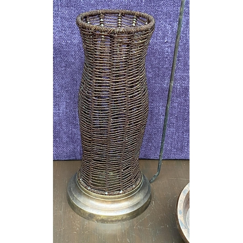 288 - x2 Tall Metal and Wood Candle Holders (61cm H.) and Another on Copper Base (35cm H.)