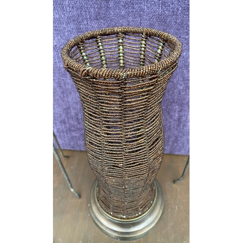 288 - x2 Tall Metal and Wood Candle Holders (61cm H.) and Another on Copper Base (35cm H.)