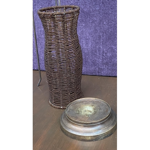 288 - x2 Tall Metal and Wood Candle Holders (61cm H.) and Another on Copper Base (35cm H.)