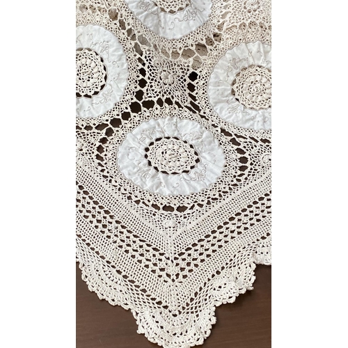 464 - Large Hand Crochet and Linen Ecru Table Cloth (Has Some Age Spots)