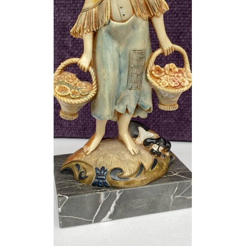 93 - Vintage Depose 725 Italy Simonelli Girl with Baskets on Genuine Carrara Marble (20cm H.)