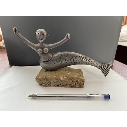 116 - Mermaid Pewter Statuette on Stone Base