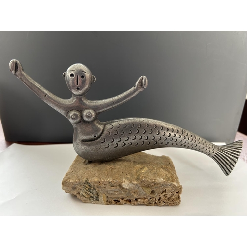 116 - Mermaid Pewter Statuette on Stone Base