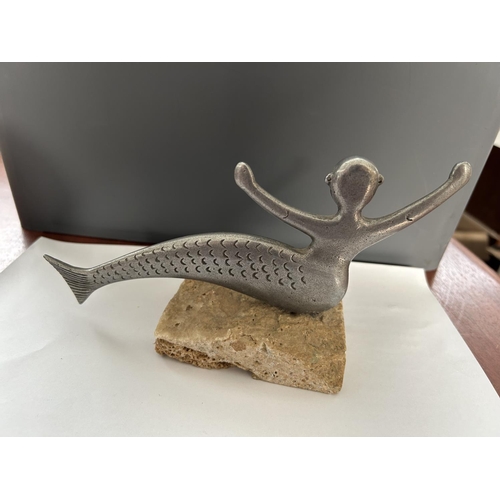 116 - Mermaid Pewter Statuette on Stone Base