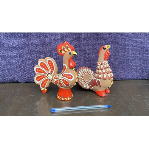 160 - x2 Vintage 'Dymkovo' Hand Painted Rooster Whistle and Turkey Traditional Soviet Art