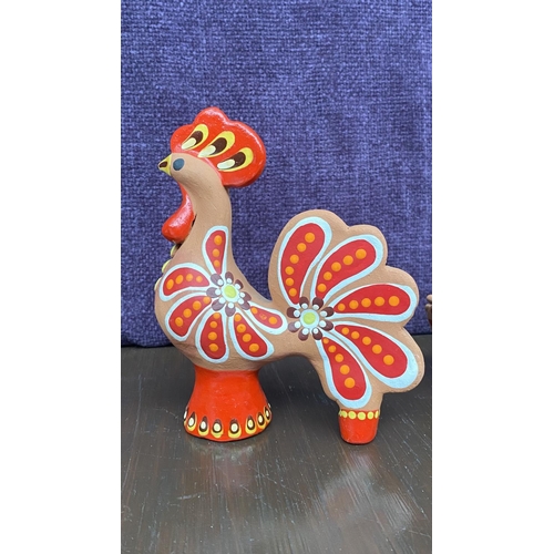 160 - x2 Vintage 'Dymkovo' Hand Painted Rooster Whistle and Turkey Traditional Soviet Art