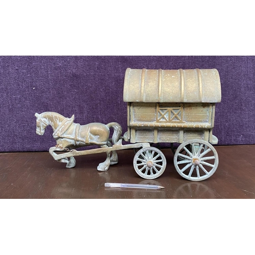 302 - Large Vintage Solid Heavy Brass Horse and Gipsy Caravan with Opening Roof (Appr. 50cm L.)