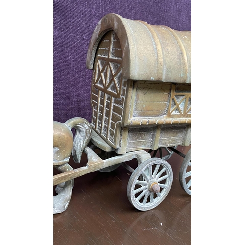 302 - Large Vintage Solid Heavy Brass Horse and Gipsy Caravan with Opening Roof (Appr. 50cm L.)