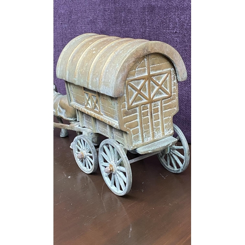 302 - Large Vintage Solid Heavy Brass Horse and Gipsy Caravan with Opening Roof (Appr. 50cm L.)