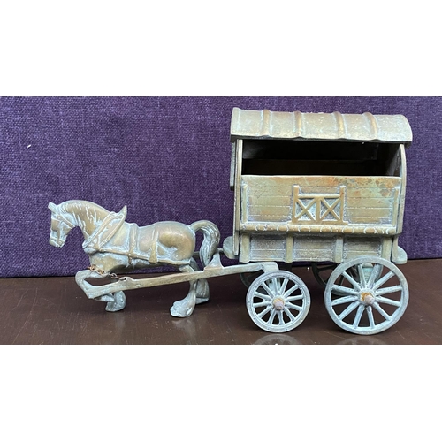 302 - Large Vintage Solid Heavy Brass Horse and Gipsy Caravan with Opening Roof (Appr. 50cm L.)