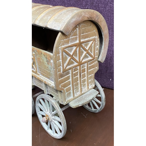 302 - Large Vintage Solid Heavy Brass Horse and Gipsy Caravan with Opening Roof (Appr. 50cm L.)