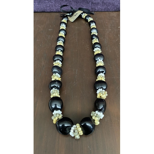 349 - Genuine Kukui Tree Nuts Long Necklace with Cowrie Shells and Satin Ribbon