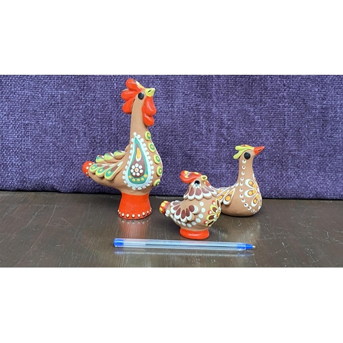 354 - x3 Vintage 'Dymkovo' Hand Painted Clay Rooster Chicken and Bird Whistle Figurines Signed Traditional... 