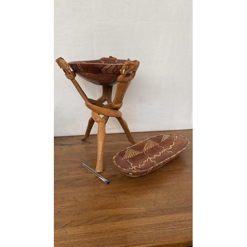 361 - African Hand Carved Wooden Salad Bowl on Folding Tripod 'Elephant' Stand and Hand Painted Wooden Ova... 