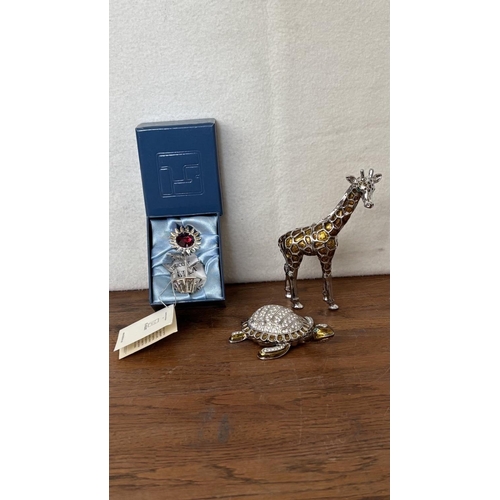 362 - Metal and Enamel Giraffe and Rhinestone Enamel Turtle Trinket Pill Boxes Together with Silver Margar... 