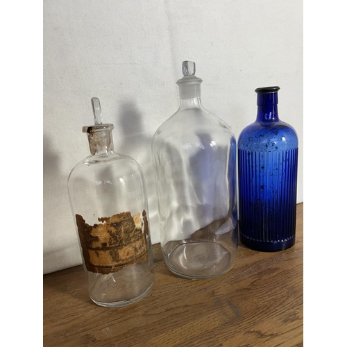 367 - Two Clear and One Blue Apothecary Bottles (x1 A/F)