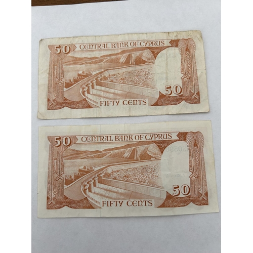 403 - x2 Cyprus Central Bank 50 Cent 1988/1989 Banknotes