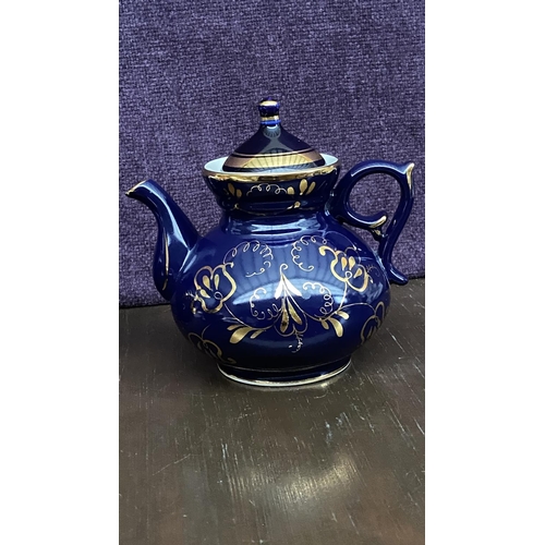 404 - Cobalt Blue Gzhel Porcelain Gilding Tea Pot with Plant Decor USSR 1972-1986 Together with Cobalt Blu... 