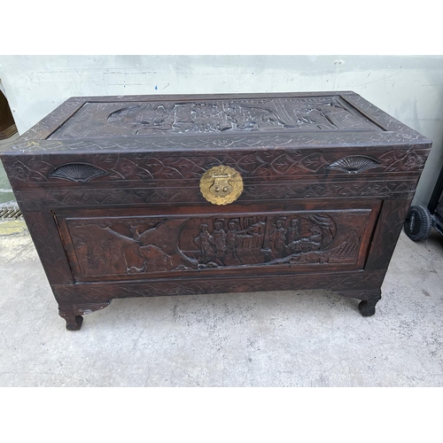 465 - Antique Chinese Carved Wood Trunk (101 W. x 52 D. x 63cm H.)